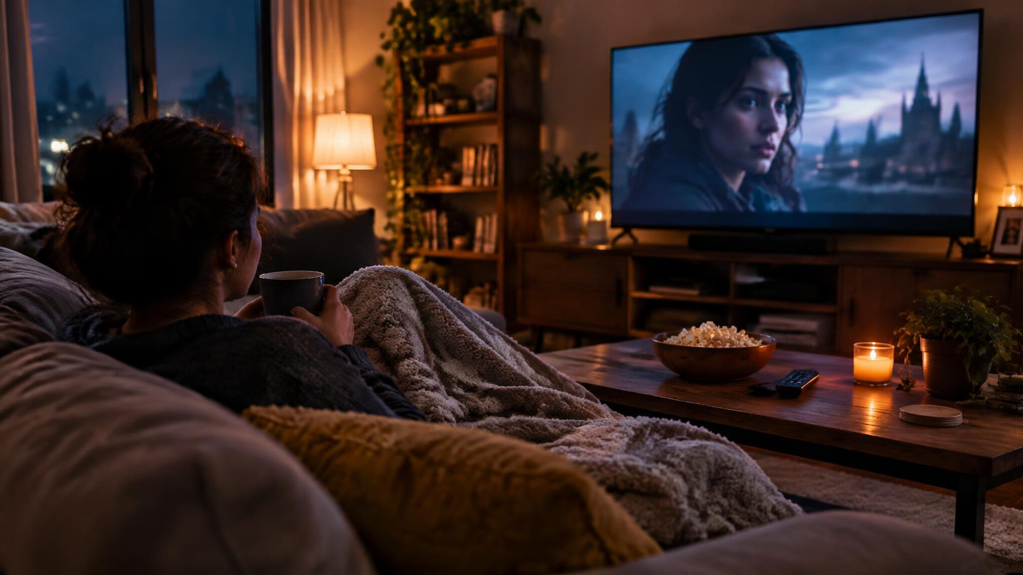 person watching tv at night