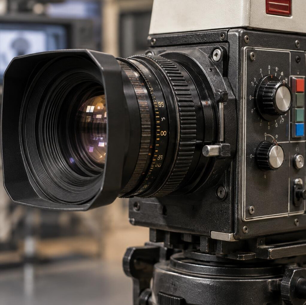Close-up of an old analog television camera lens