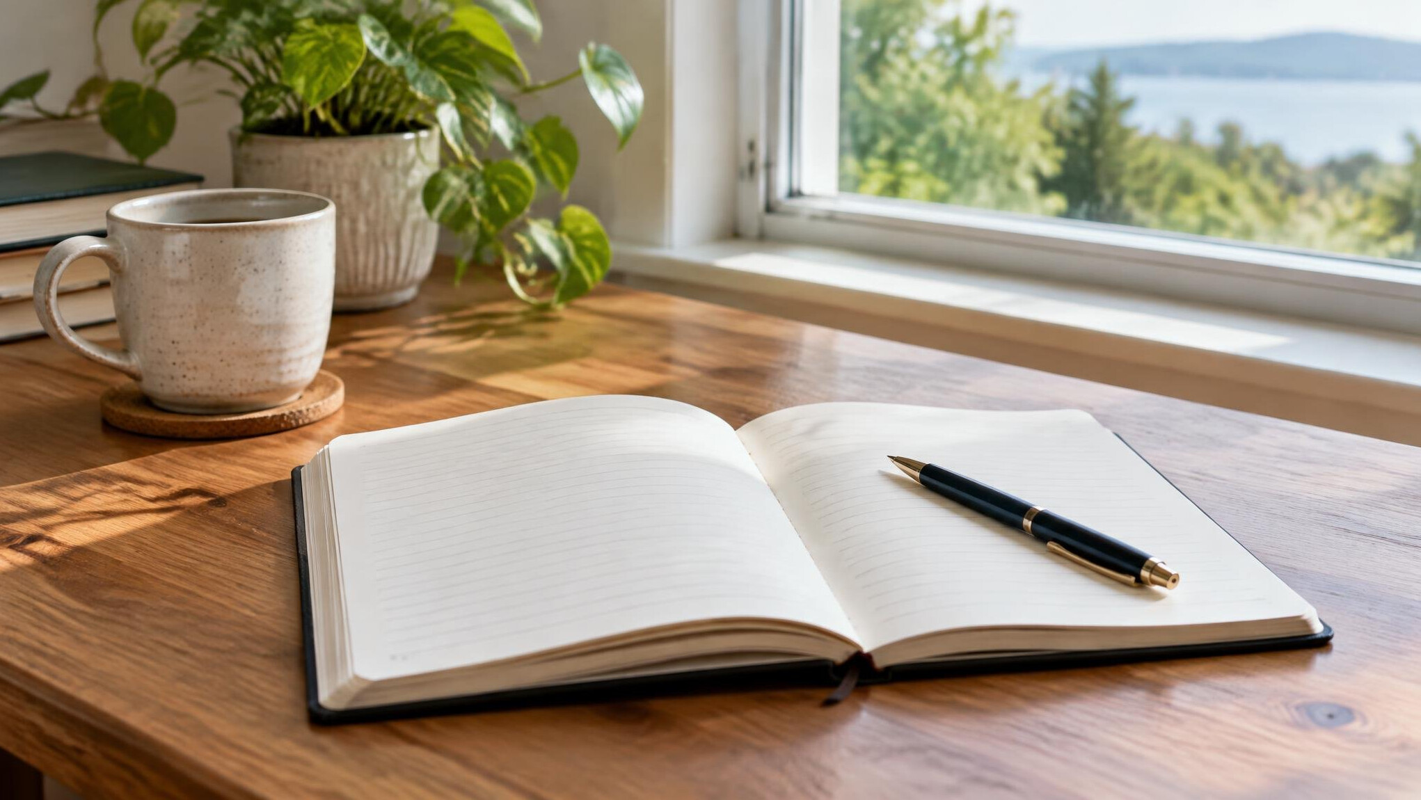 Open notebook and pen on a desk near a window