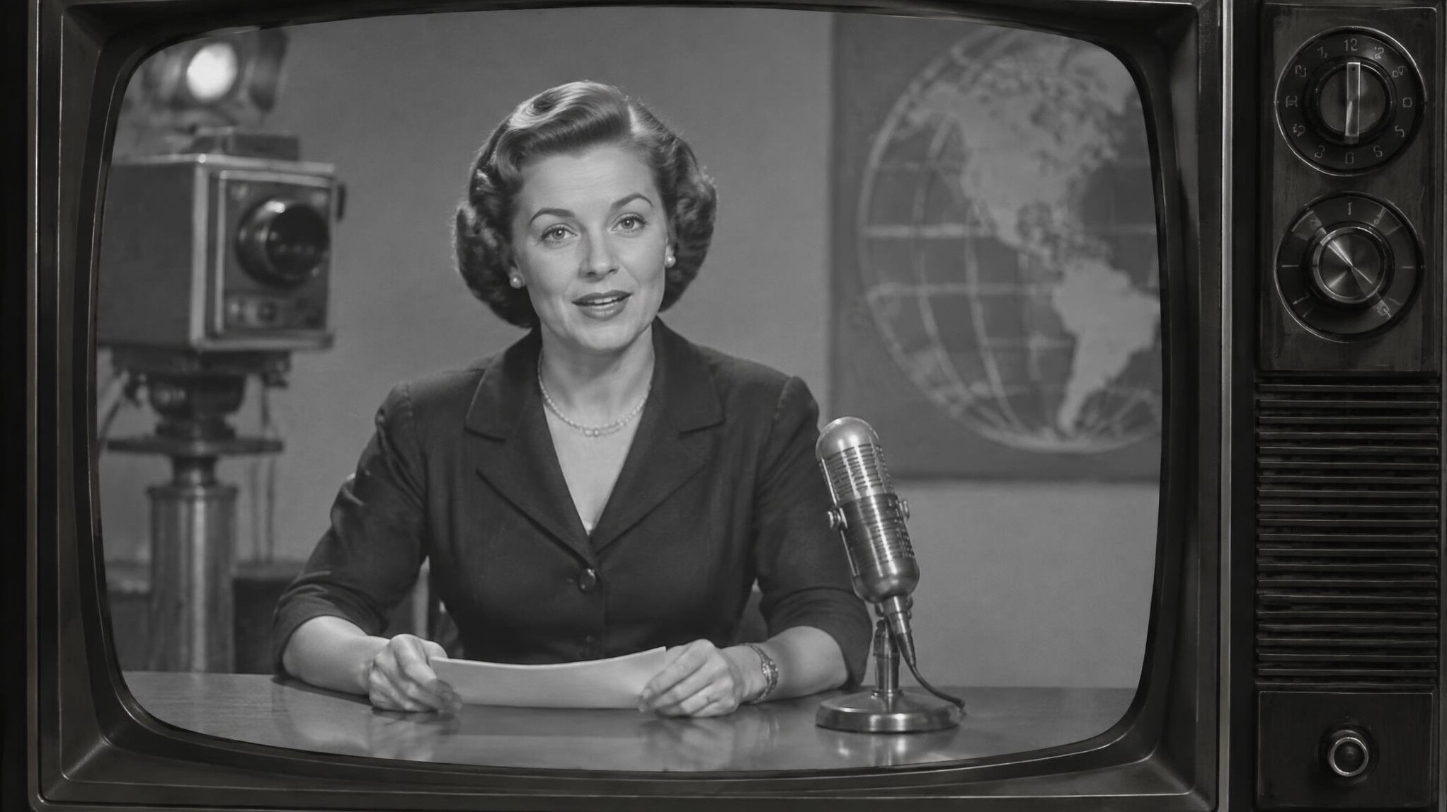 woman presenting on old tv