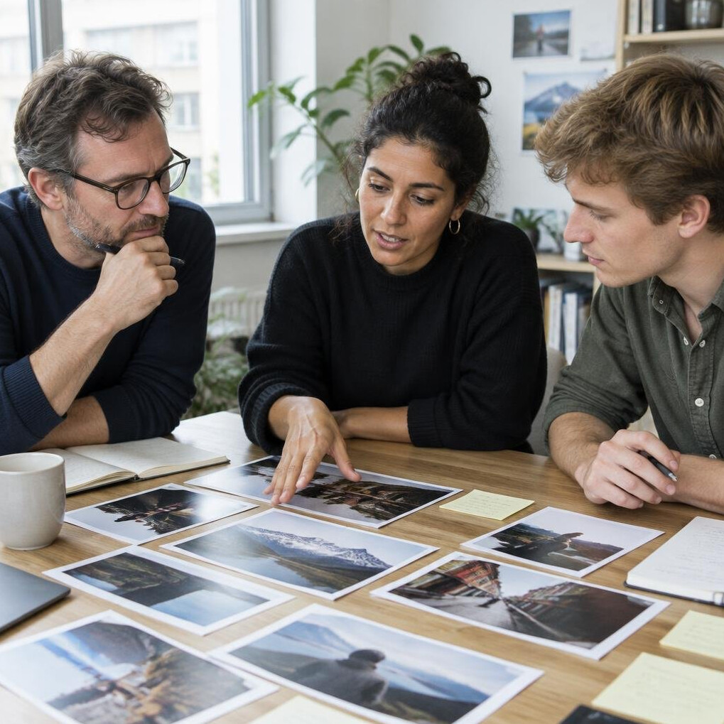 Small editorial team discussing layouts around a table with notes and photographs