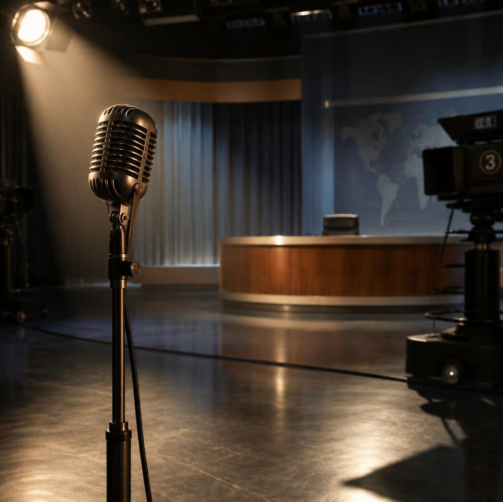 Vintage microphone on a stand in an empty television studio