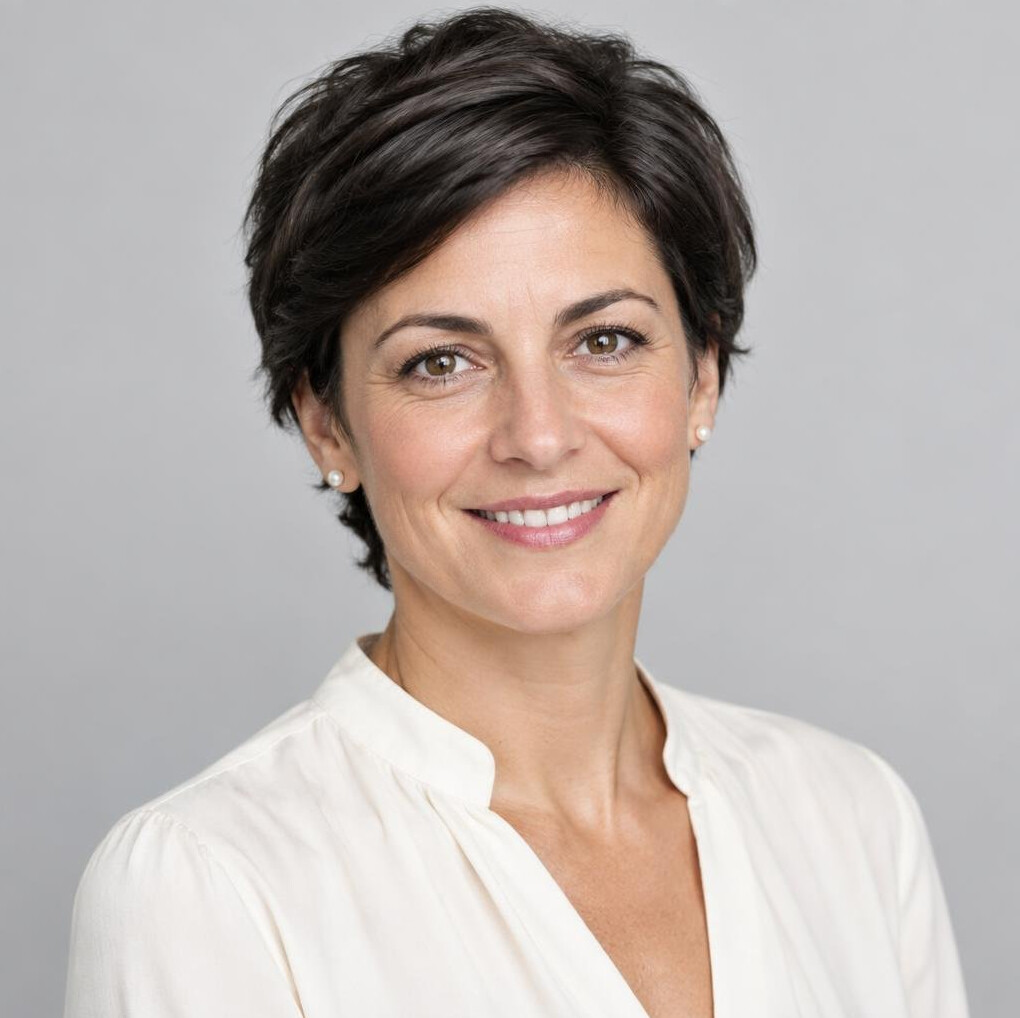 Portrait of a woman in her 40s with short dark hair smiling
