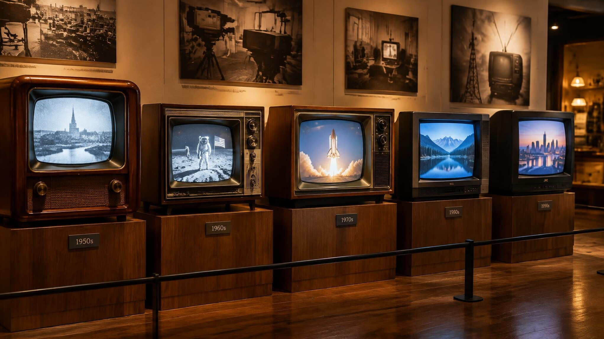 Old television sets displayed in a row showing static and broadcast imagery