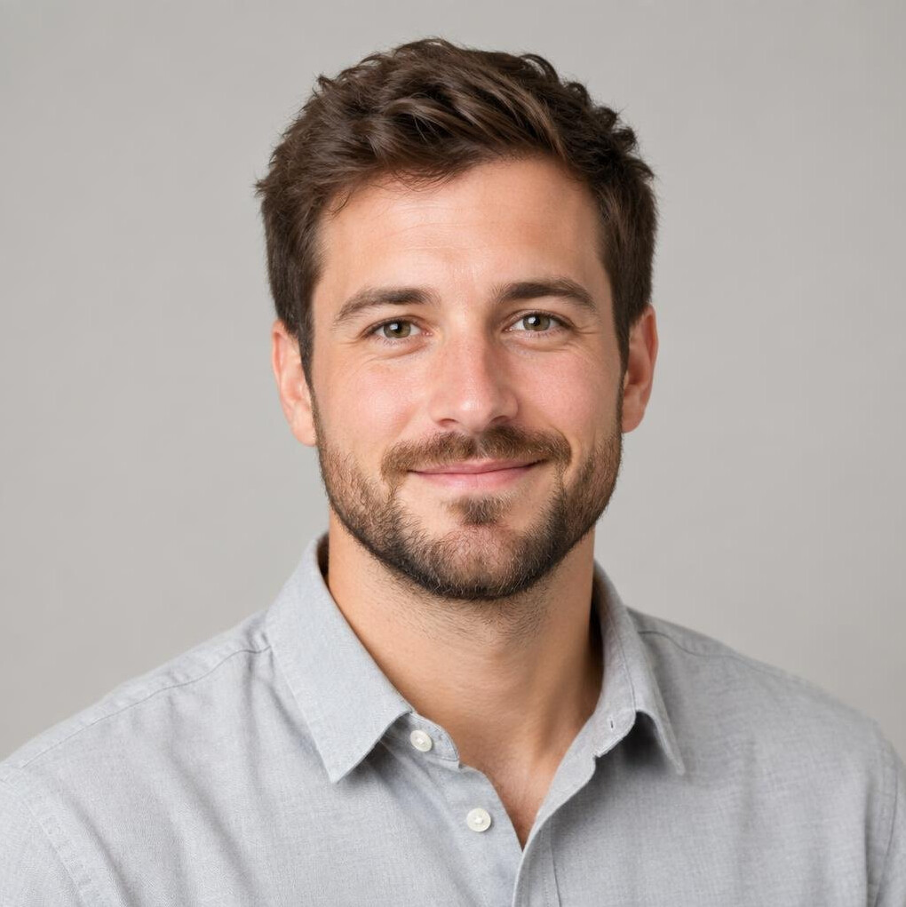 Portrait of a young man in his 30s with a beard wearing a casual shirt