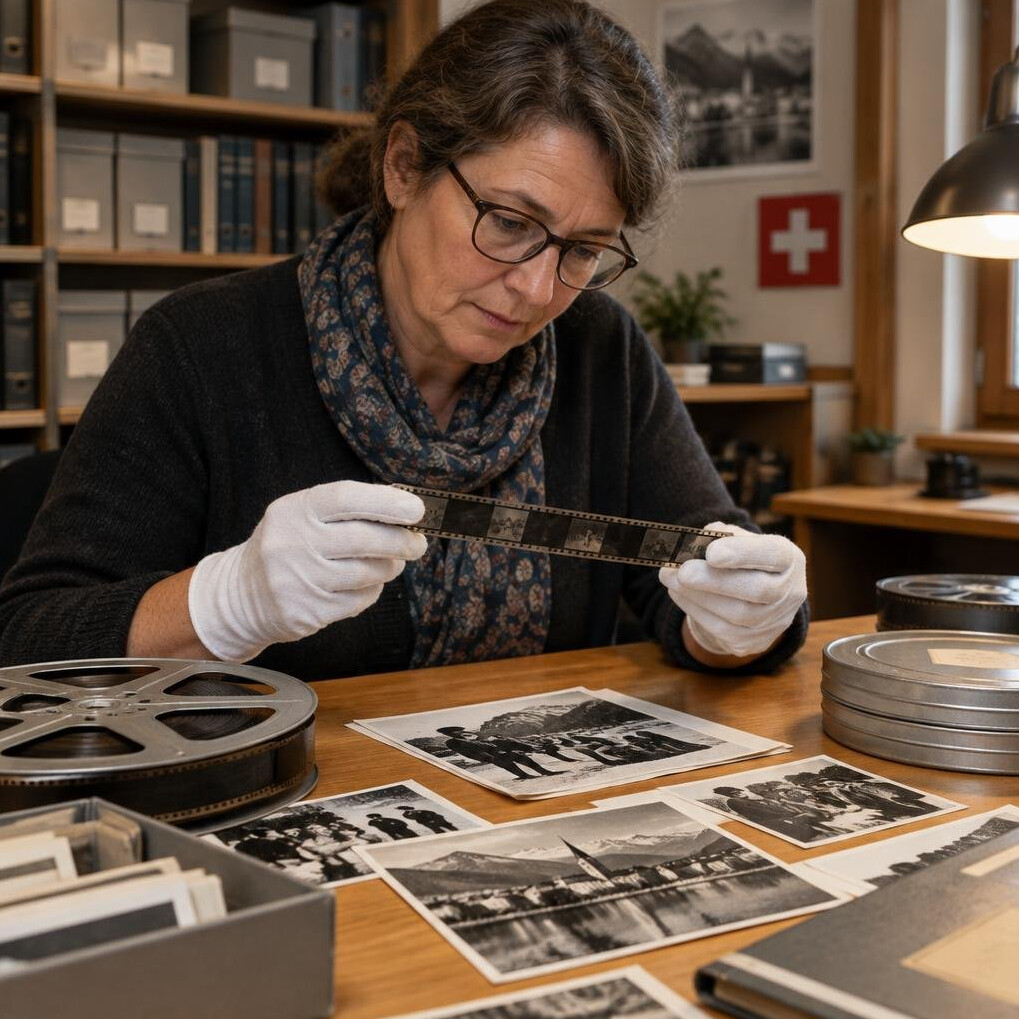 Person reviewing old film reels and archive photographs on a desk