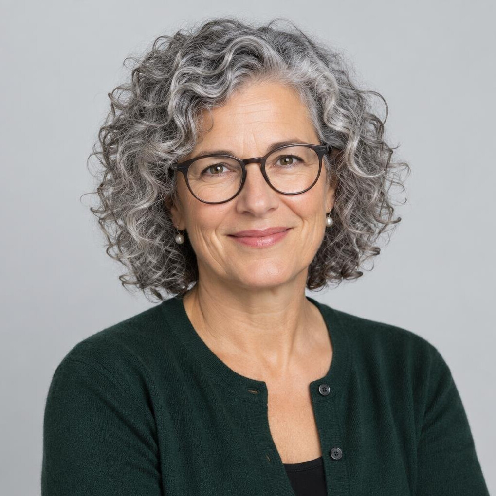 Portrait of a woman in her 50s with curly grey hair wearing glasses