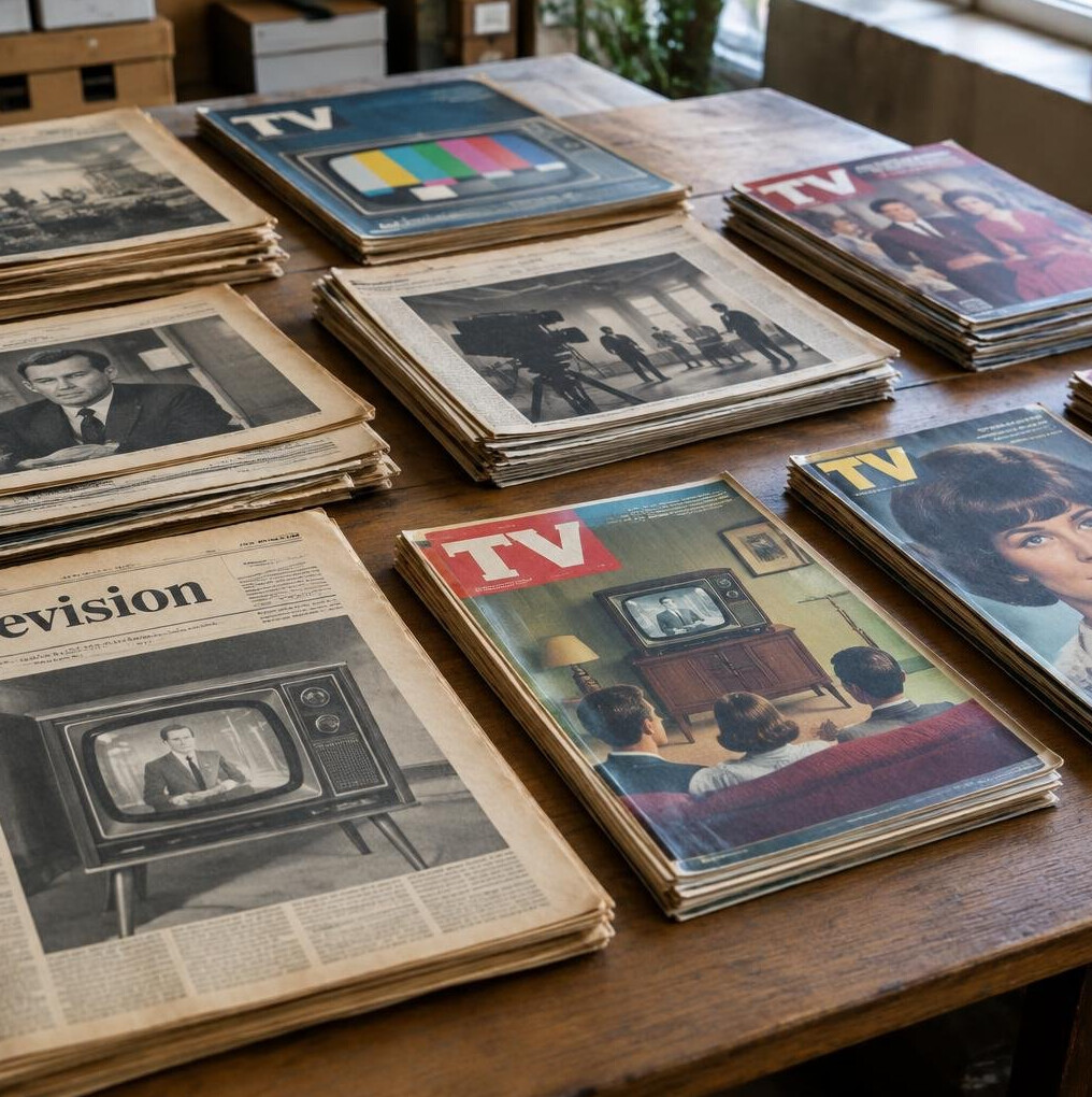 Rows of newspapers and magazines about television programs