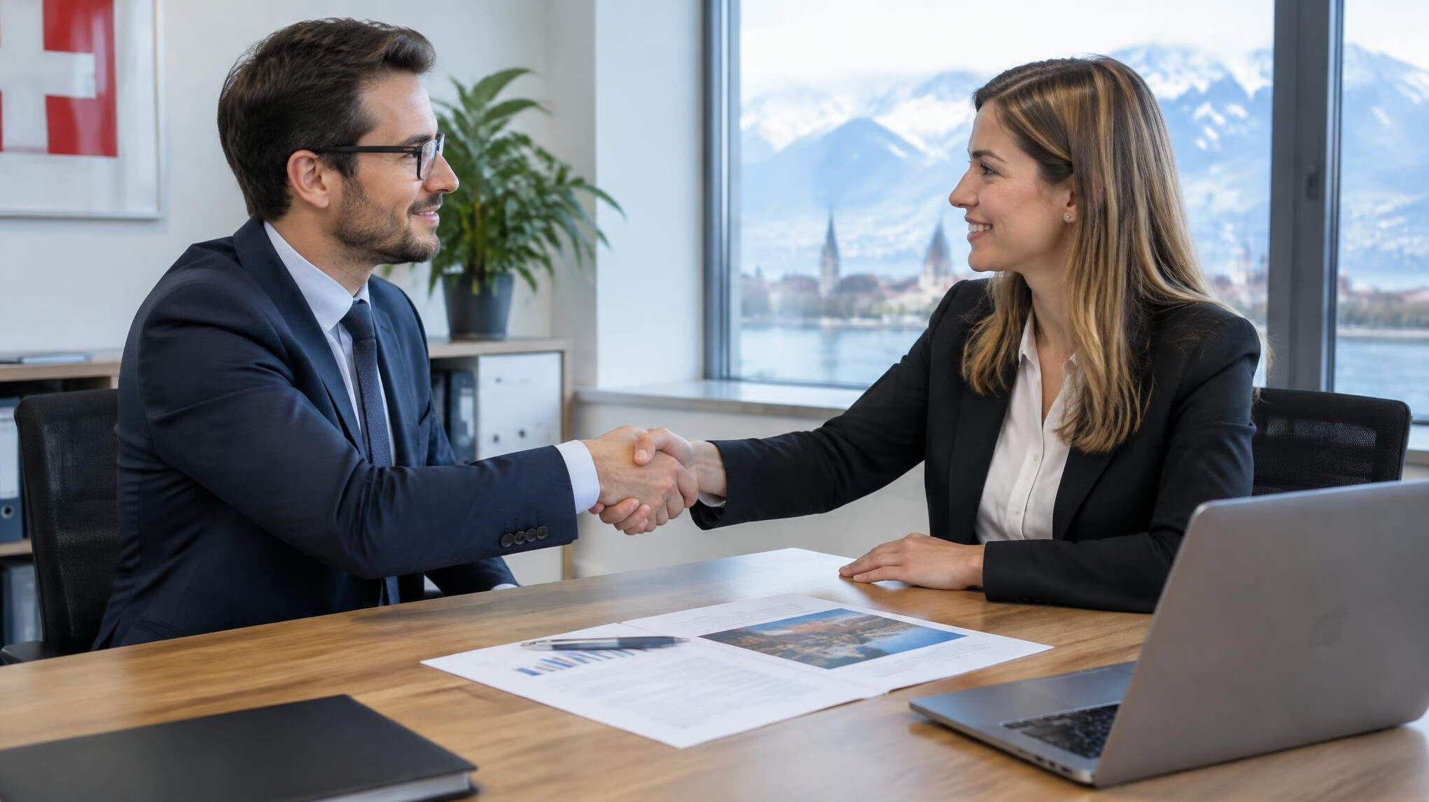 Two professionals shaking hands over a desk with documents