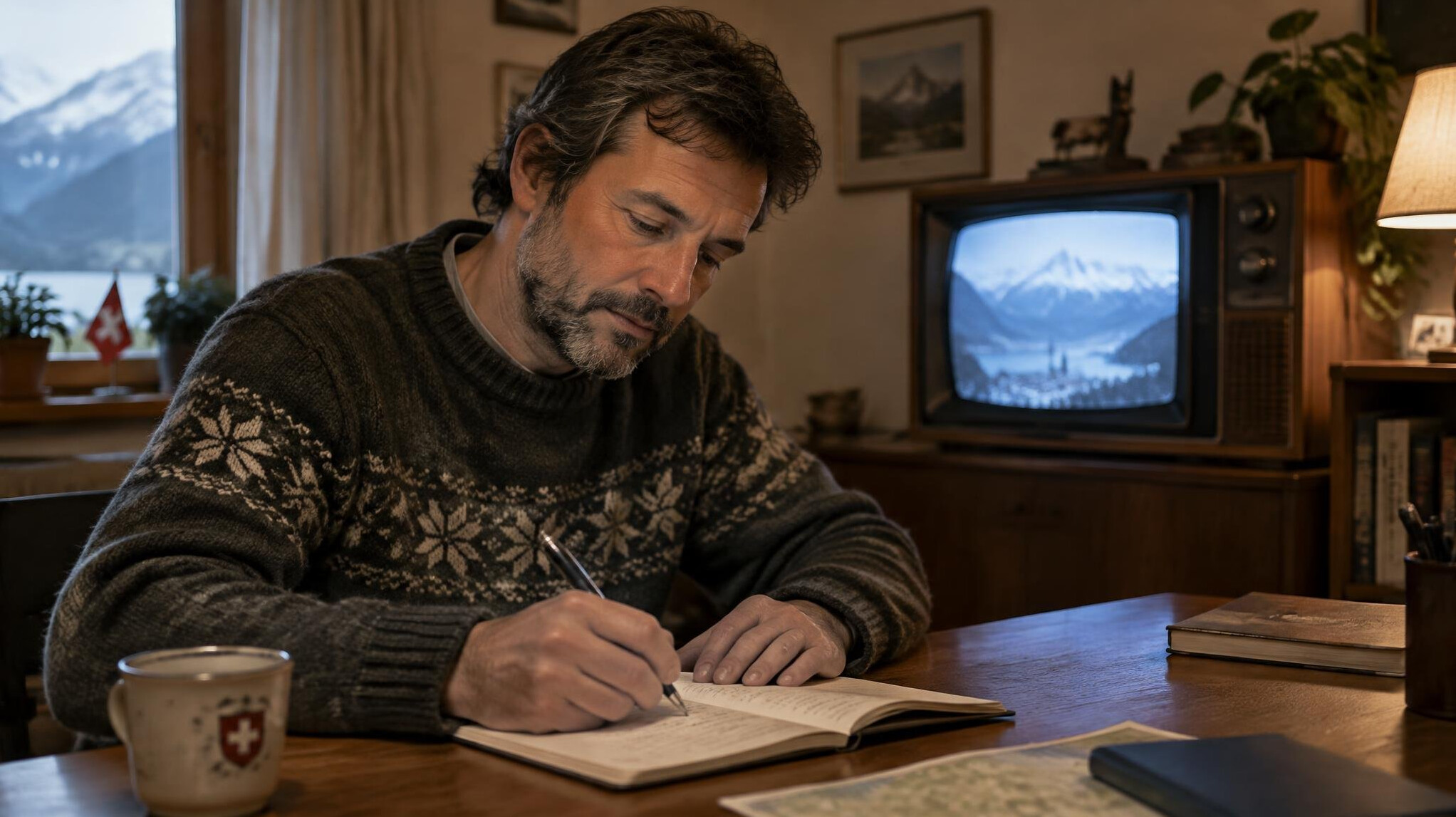 Person writing notes next to a vintage television set