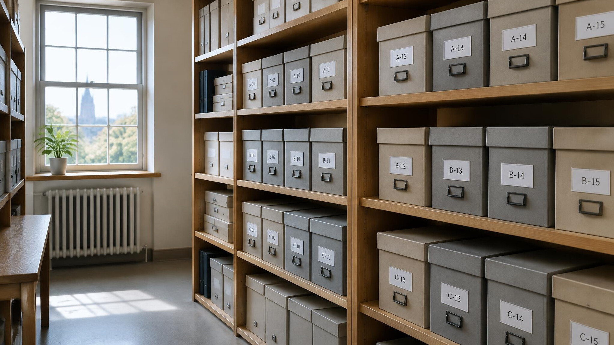 Rows of labeled archive boxes on shelving