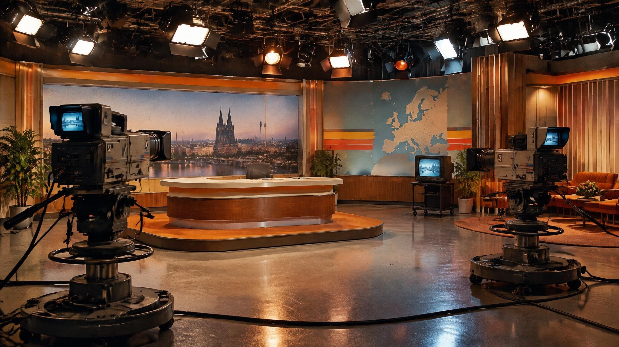 Vintage television studio with cameras and bright stage lights